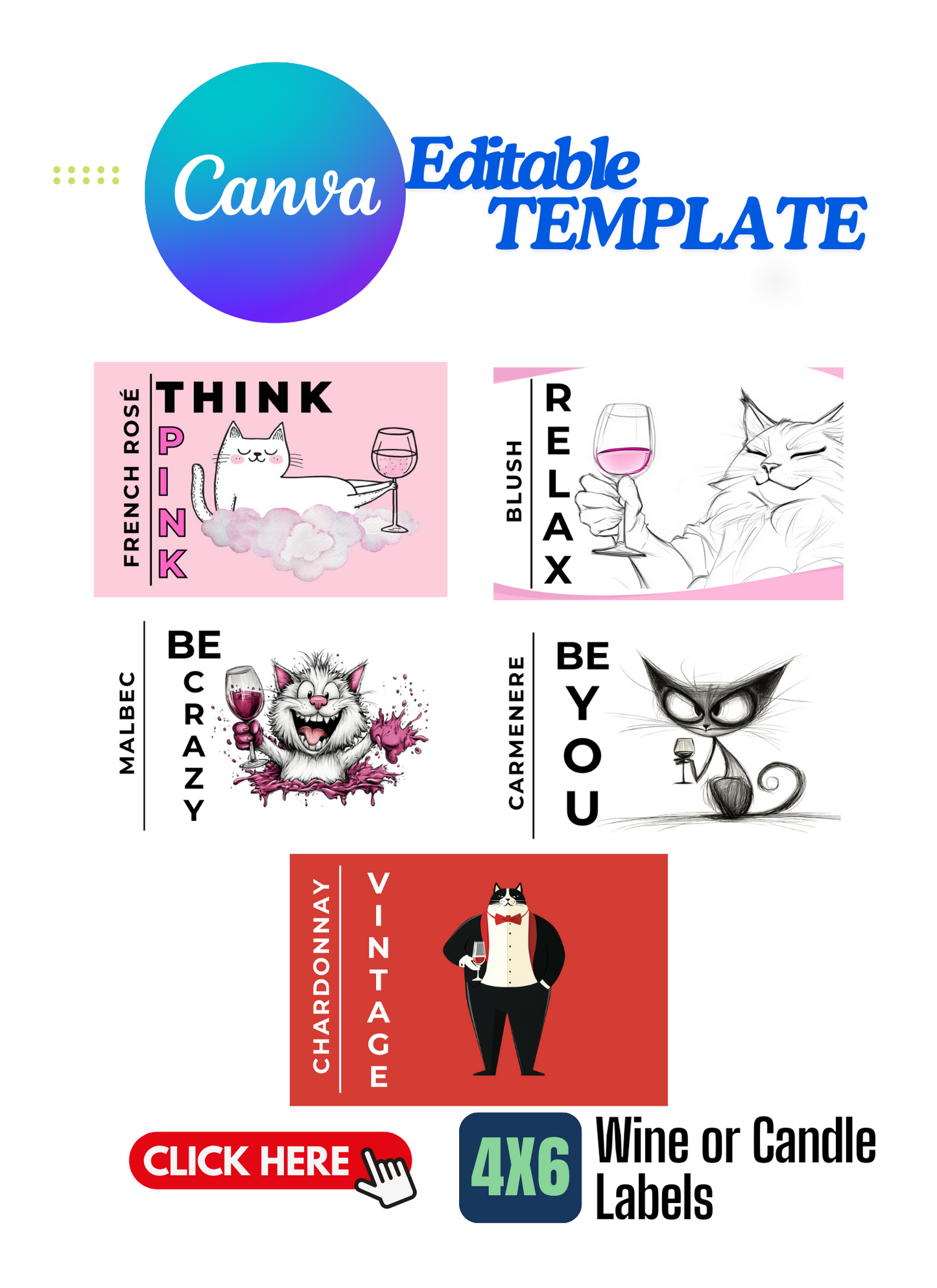 4x6 Cats Wine or Candle Customizable Template
